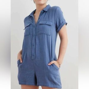 Aerie blue crinkle cotton utility romper L